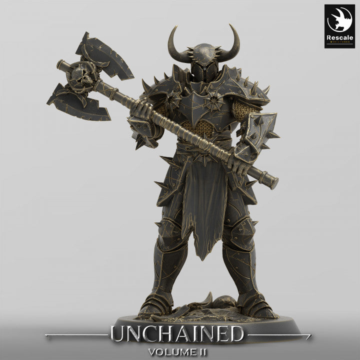 This warrior stands firmly with a large axe, wearing dark jagged armor and a horned helm, ready to lead an assault.