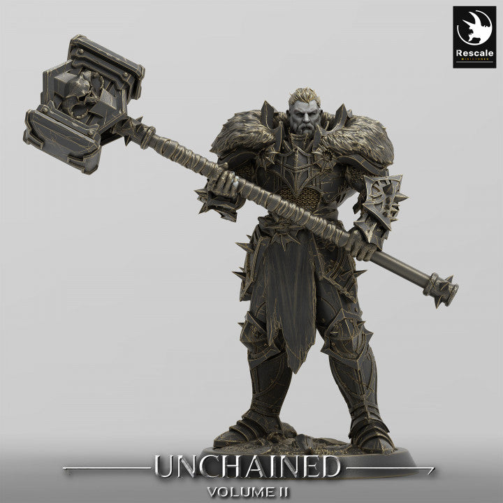 An Unchained Commander wielding a massive hammer in both hands, dressed in spiked armor with fur-lined shoulder pads, perfect for fantasy TTRPG games like Warhammer or Dungeons & Dragons