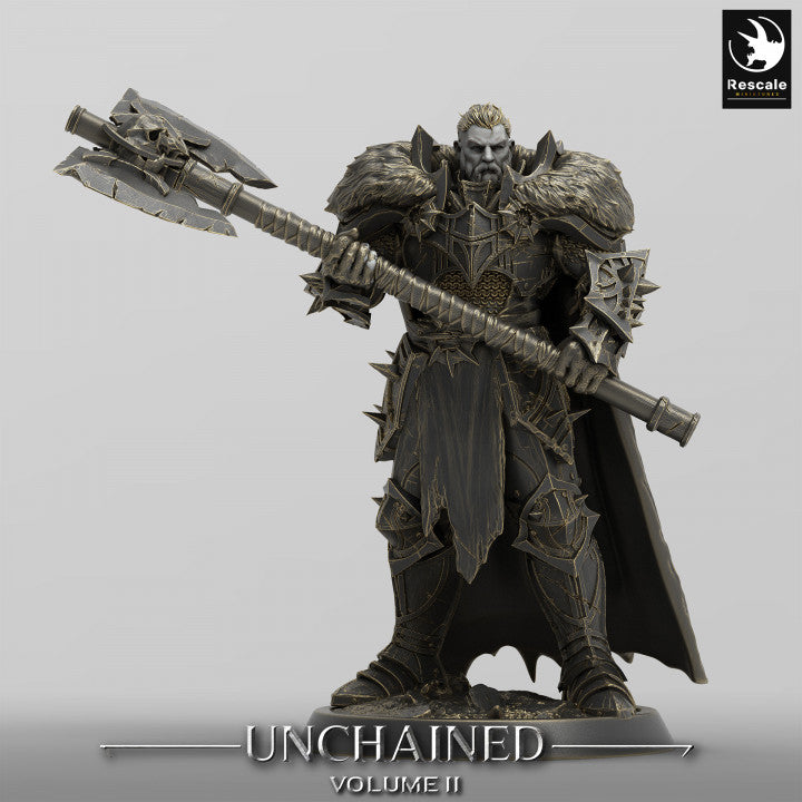 Unchained Commander gripping a double-edged axe, ready to swing in combat, adorned with heavy armor and fur trim.