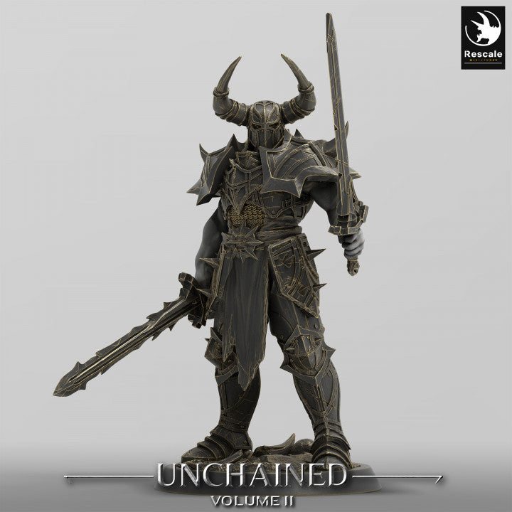 A commanding Unchained warrior, fully armored and gripping dual swords, standing in a ready position, perfect for fantasy tabletop games like Pathfinder or Dungeons & Dragons.