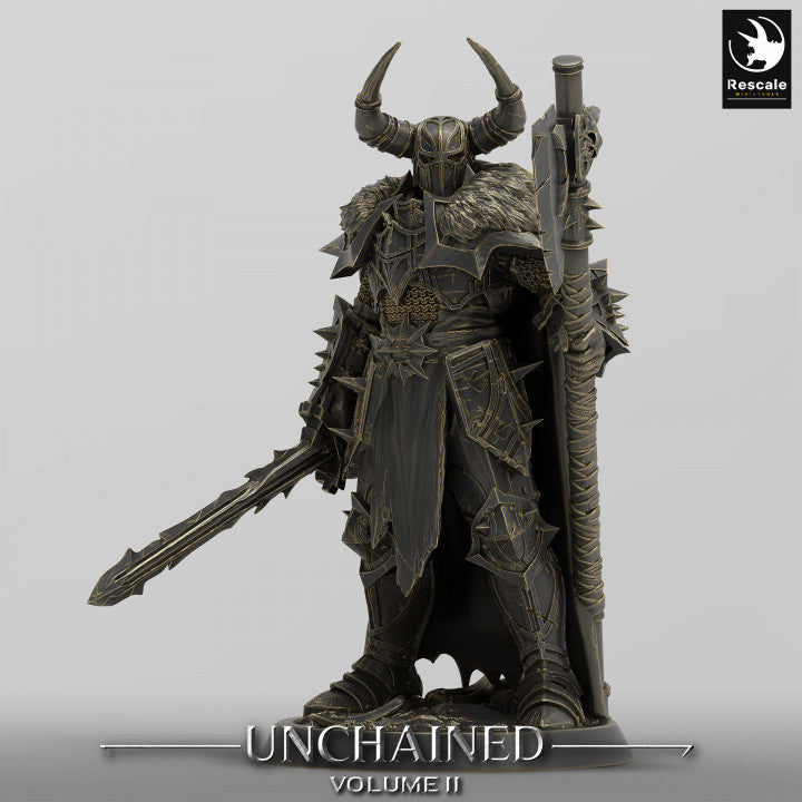 Unchained Commander with a sword and axe, wearing horned armor and fur adornments, standing in a commanding pose.