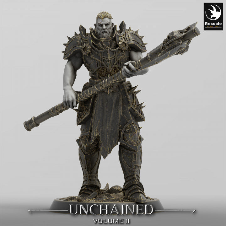 An Unchained Commander with a menacing battle axe and horned helmet, standing poised for combat in full spiked armor, perfect for Dungeons & Dragons or Pathfinder campaigns.