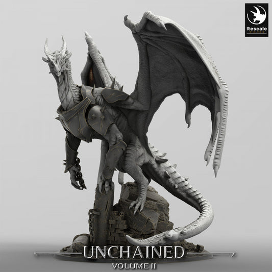 Dragon Xeldranth with outstretched wings, clad in detailed armor, standing on a rocky base.