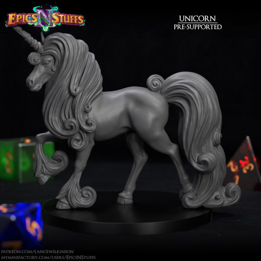 Unicorn figurine with detailed mane and tail, standing in a proud pose.