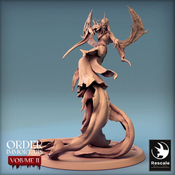 Immortalis Queen in vampire form with flowing robes and bat-like wings, standing on a custom base for TTRPG miniatures.