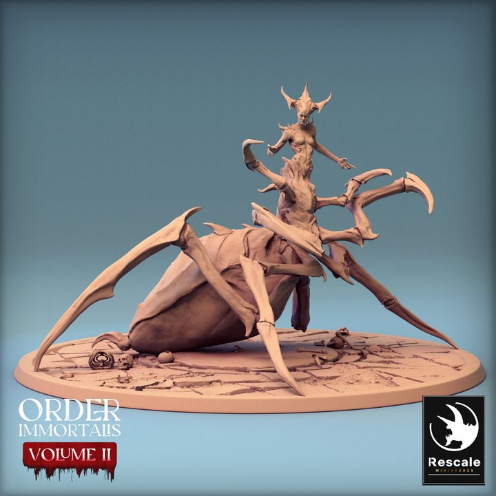 Immortalis Queen in spider form miniature with a humanoid torso, large spider legs, and detailed base for tabletop RPGs.