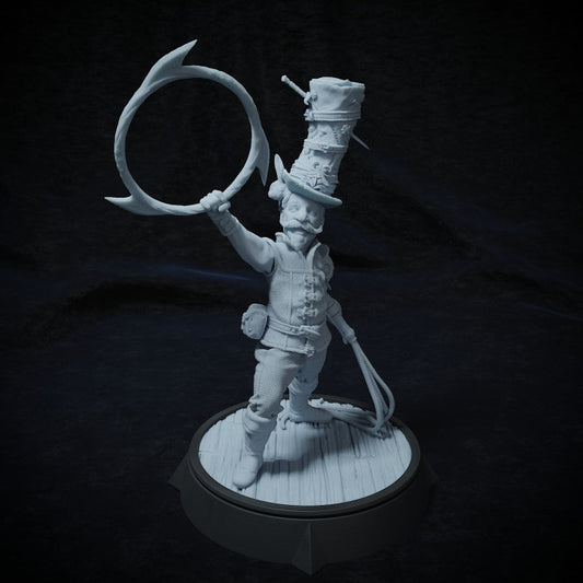 Van Amburgh miniature, a gnome ringmaster holding a hoop aloft, dressed in circus attire with an exaggerated top hat, ready to lead the carnival, perfect for TTRPG settings.