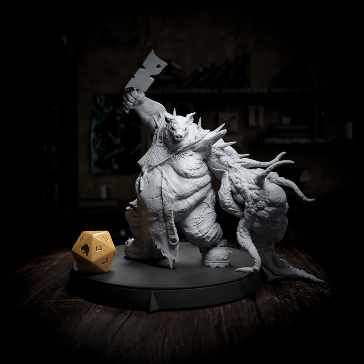 Boarhog Butcher miniature, a corrupted boarfolk wielding a large cleaver, standing ready for battle.