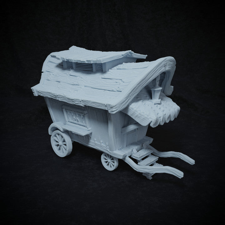 A whimsical carnival wagon with intricate textures and a sloped roof, designed as part of the Carnival of the Shattered prop set.