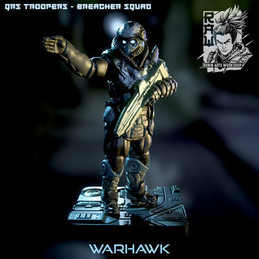 A sci-fi soldier standing with an advanced rifle, directing an unseen force, clad in heavy armor with a detailed base resembling a metallic surface. Warhawk is part of the Breacher Squad, ready for tactical operations. Ideal for Starfinder and Cyberpunk TTRPG settings.