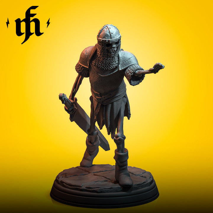 Warrior Skeleton in chainmail armor holding a sword, standing on a tile base.