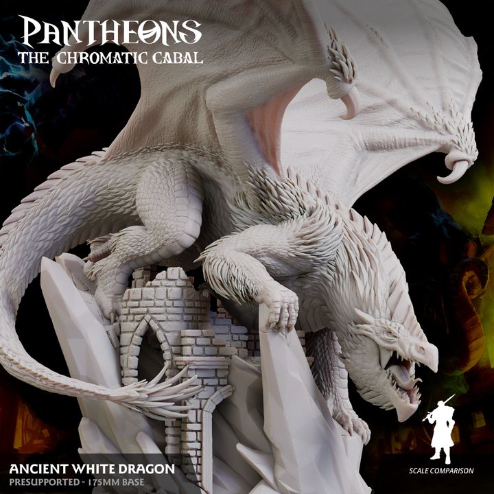 The Ancient White Dragon perched on crumbled castle battlements, roaring with an imposing presence and frosted details, perfect for epic encounters.