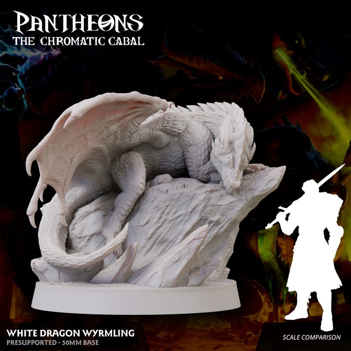 Front view of a White Dragon Wyrmling miniature sleeping peacefully on a rocky base with wings folded protectively.