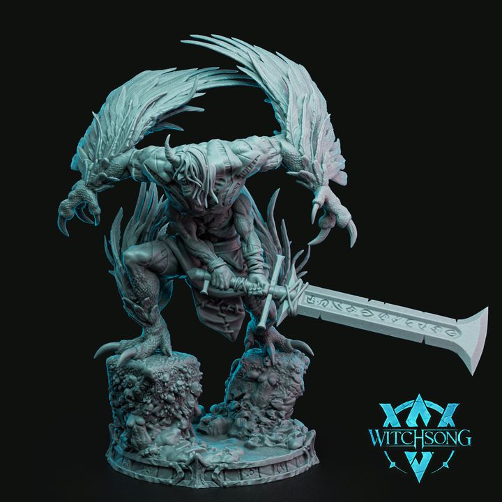 A detailed 3D miniature of the Champion of Wrath, a demonic figure with large wings, gripping a massive sword with etched runes, and wearing a menacing expression, ideal for fantasy tabletop role-playing games.