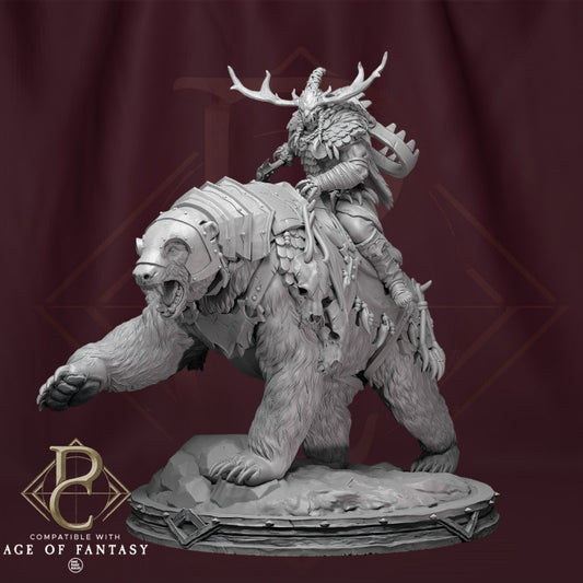 Worfar and the Bear miniature showing a tribal warrior riding a large, armored bear, perfect for use in fantasy tabletop RPGs like Dungeons & Dragons or Age of Fantasy.