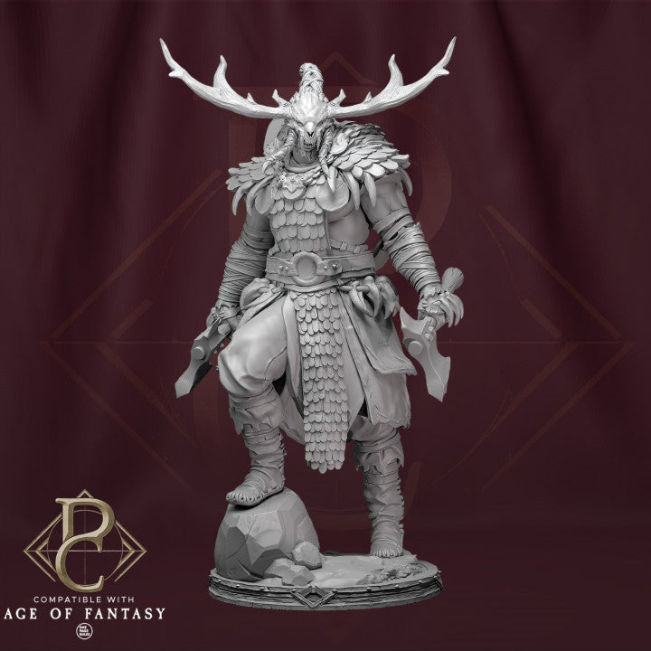 Worfar the Beastbonded miniature showing a tribal warrior with antler helmet and dual blades, clad in animal-scale armor, suitable for fantasy tabletop RPGs like Dungeons & Dragons or Age of Fantasy.