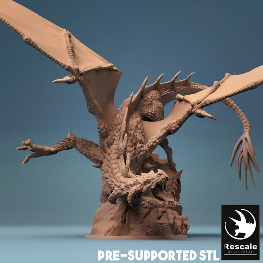 A highly detailed 3D miniature of a Young Black Dragon, depicted in a dynamic pose with its wings outstretched. The dragon's scales, claws, and teeth are meticulously sculpted, capturing the ferocity and elegance of the creature. The model is pre-supported for easy printing, showcased on a circular rocky base.