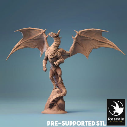 A Young Cloud Dragon miniature depicted mid-flight, with detailed wings, a coiled tail, and a fierce expression, ideal for tabletop RPGs or dragon collections.