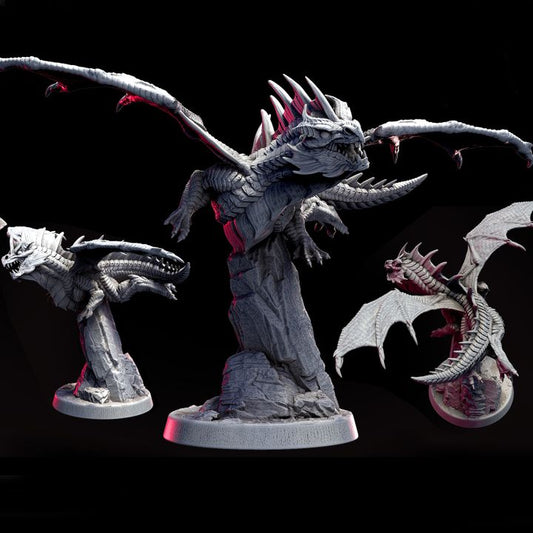 Painted Young Red Dragon miniatures for DnD and Pathfinder, showing three dragons in dynamic flying poses atop rocky bases, perfect fantasy RPG models for tabletop encounters.