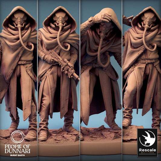 Group of Zephyr Sandrider in cloaks and respiratory masks, holding a rifles across their body.