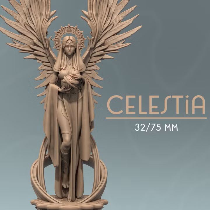 Celestia miniature with grand wings, holding a celestial orb, displayed for 32mm and 75mm scale settings