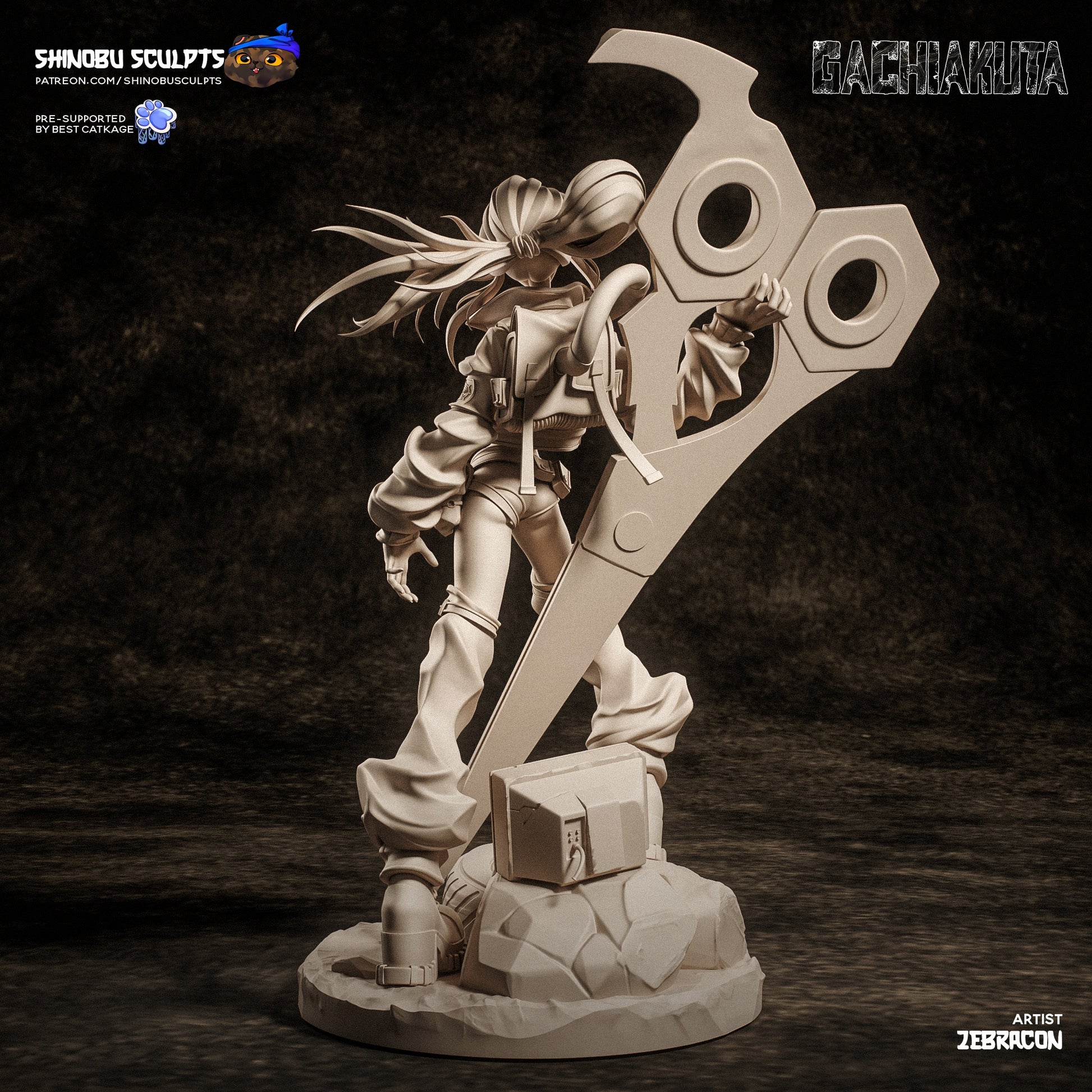 Rear view of Riyo Reaper figure highlighting windswept hair, weapon detail, and junkyard base.