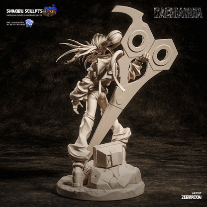 Rear view of Riyo Reaper figure highlighting windswept hair, weapon detail, and junkyard base.