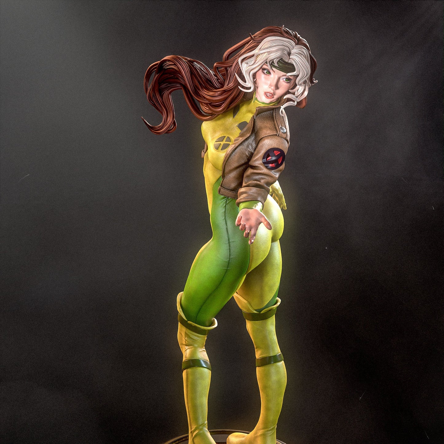 Rogue X-Men Marvel Comics SFW 1:6 scale figure standing on circular base wearing cropped jacket bodysuit gloves and boots in a dynamic over the shoulder pose