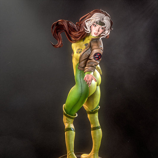 Rogue X-Men Marvel Comics SFW 1:6 scale figure standing on circular base wearing cropped jacket bodysuit gloves and boots in a dynamic over the shoulder pose