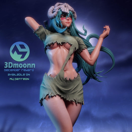 Neliel Tu Odelschwanck Bleach figure close-up showing hollow skull helmet, flowing hair, torn dress details, and muscular torso.