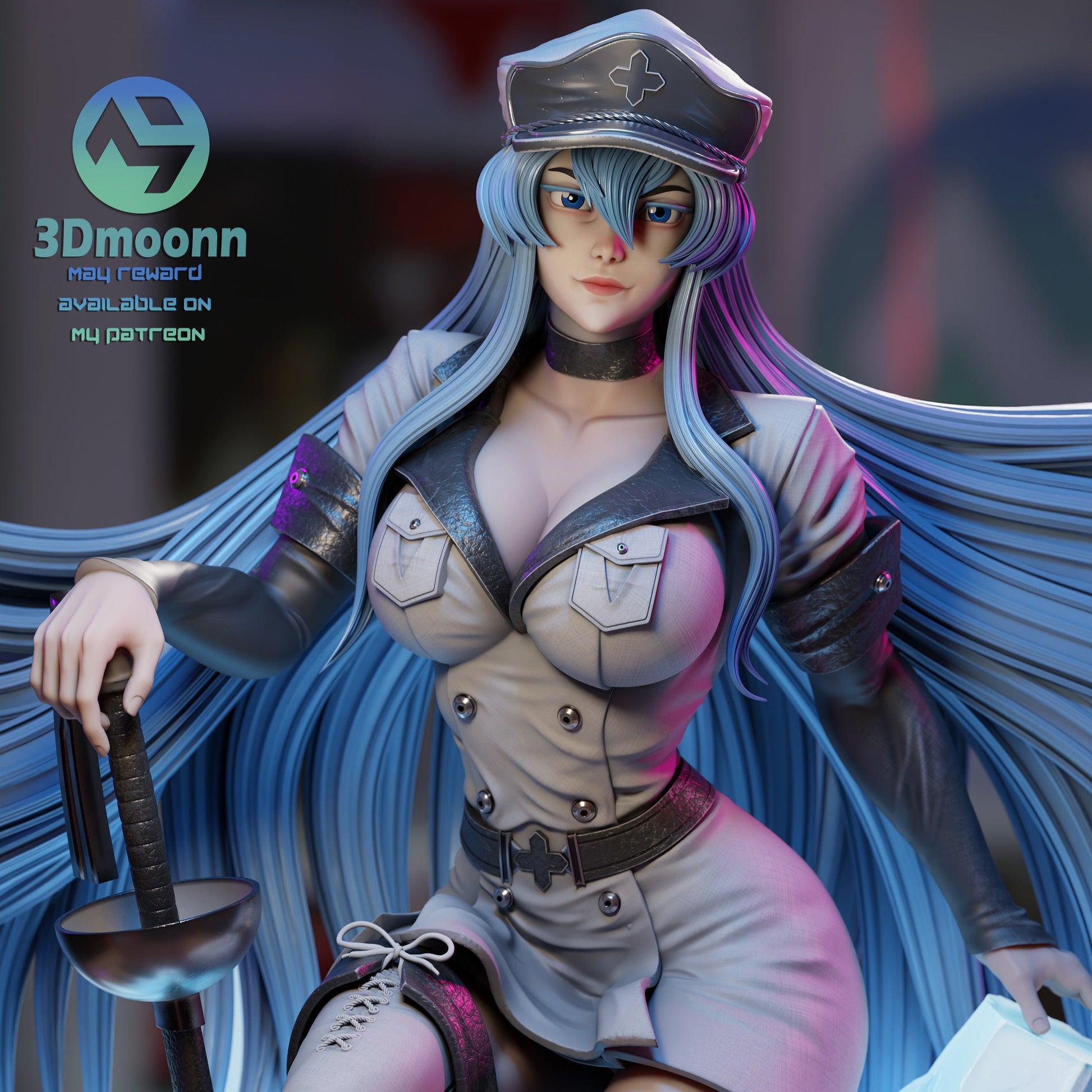 Close-up of Esdeath’s face and torso in uniform, showing detailed sculpting of her chest, hair, and hat.

