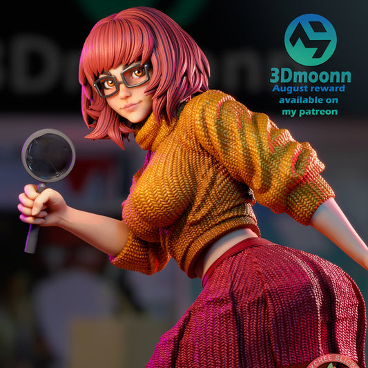 Adult Velma collectible statue from Scooby-Doo, holding magnifying glass, wearing a knitted sweater and skirt with detailed sculpt texture.