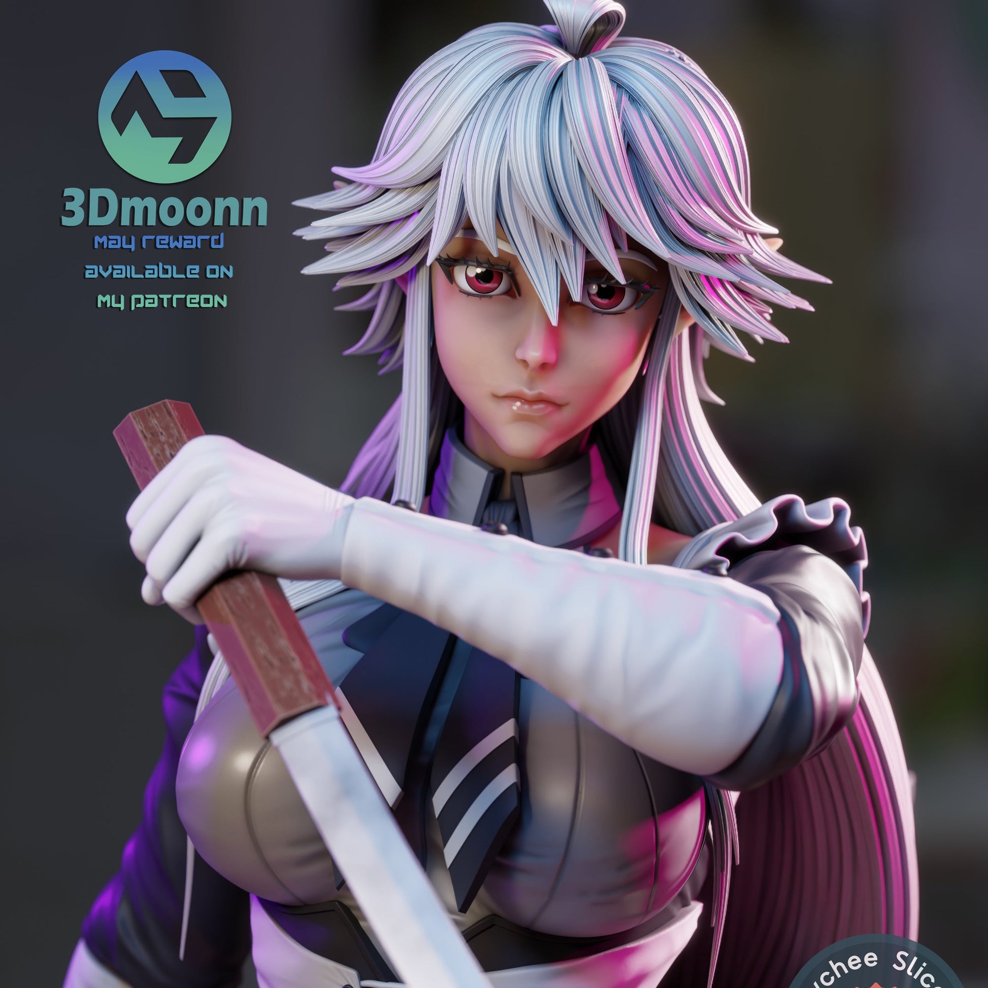 Close-up of Reanette Elfelt figure, focused on intense facial expression, holding katana at the ready, highlighting anime-inspired detailing.