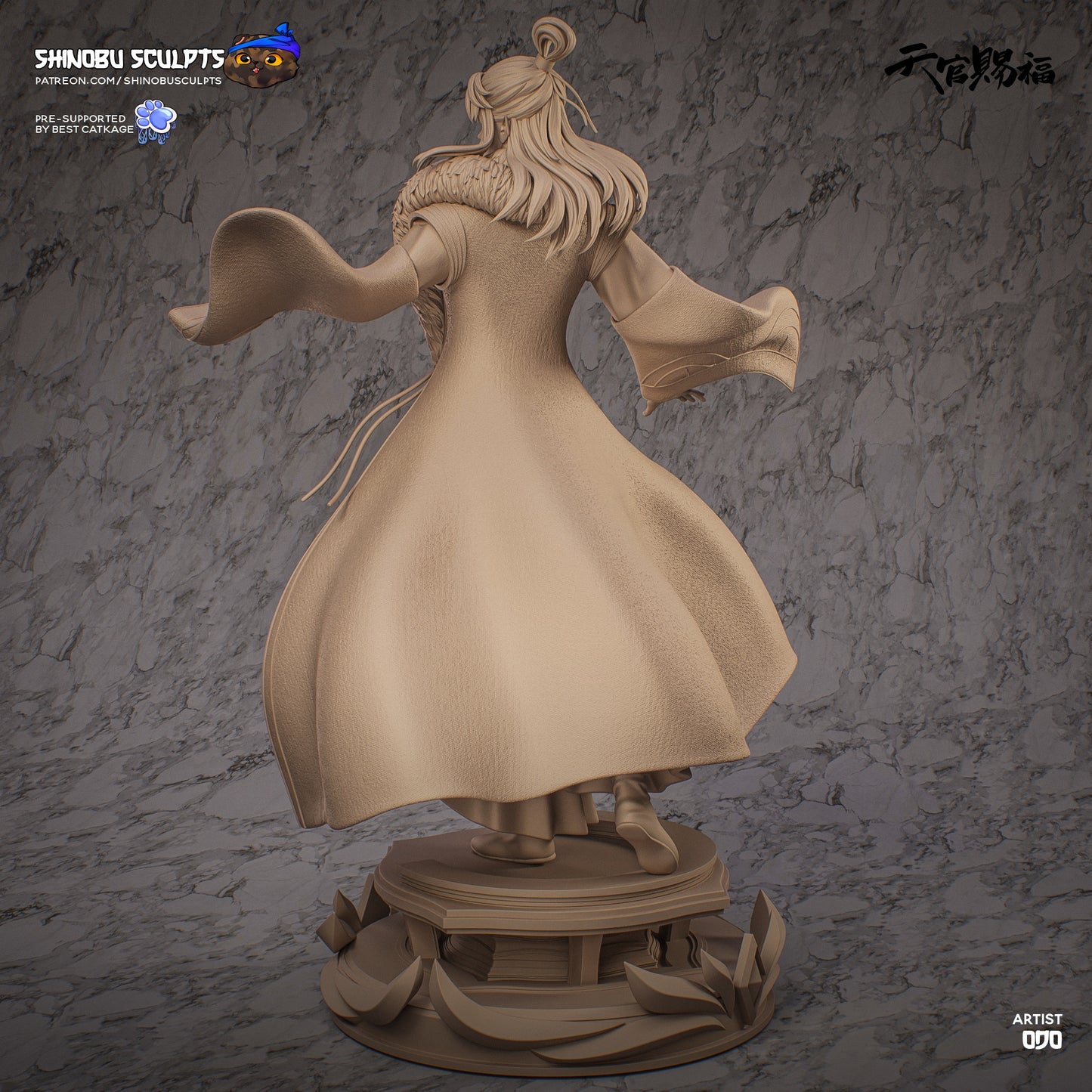 Qi Rong figurine back view, detailed sculpted hair and flowing coat captured in elegant motion.