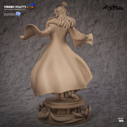 Qi Rong figurine back view, detailed sculpted hair and flowing coat captured in elegant motion.