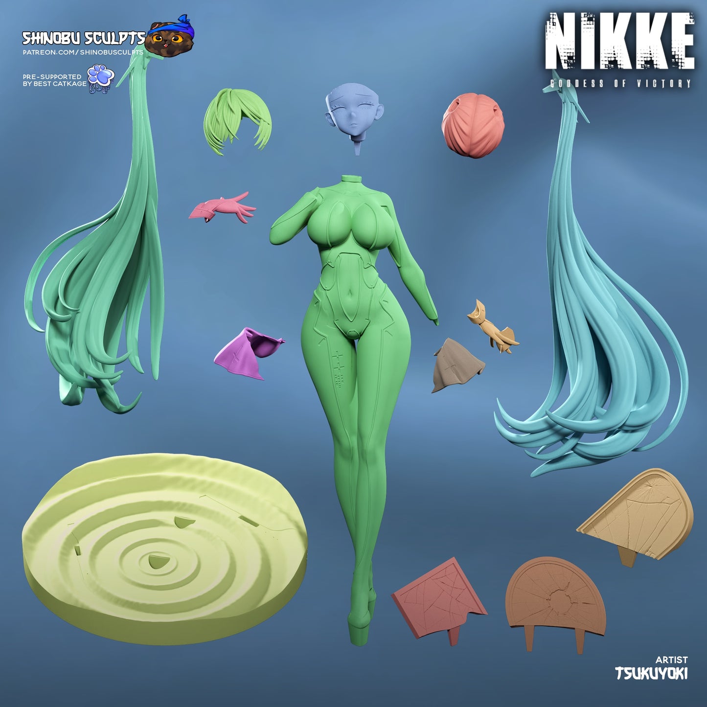 Cinderella Nikke 1:8 scale statue exploded parts layout showing interchangeable hair, head, arms, torso, legs, and display base.
