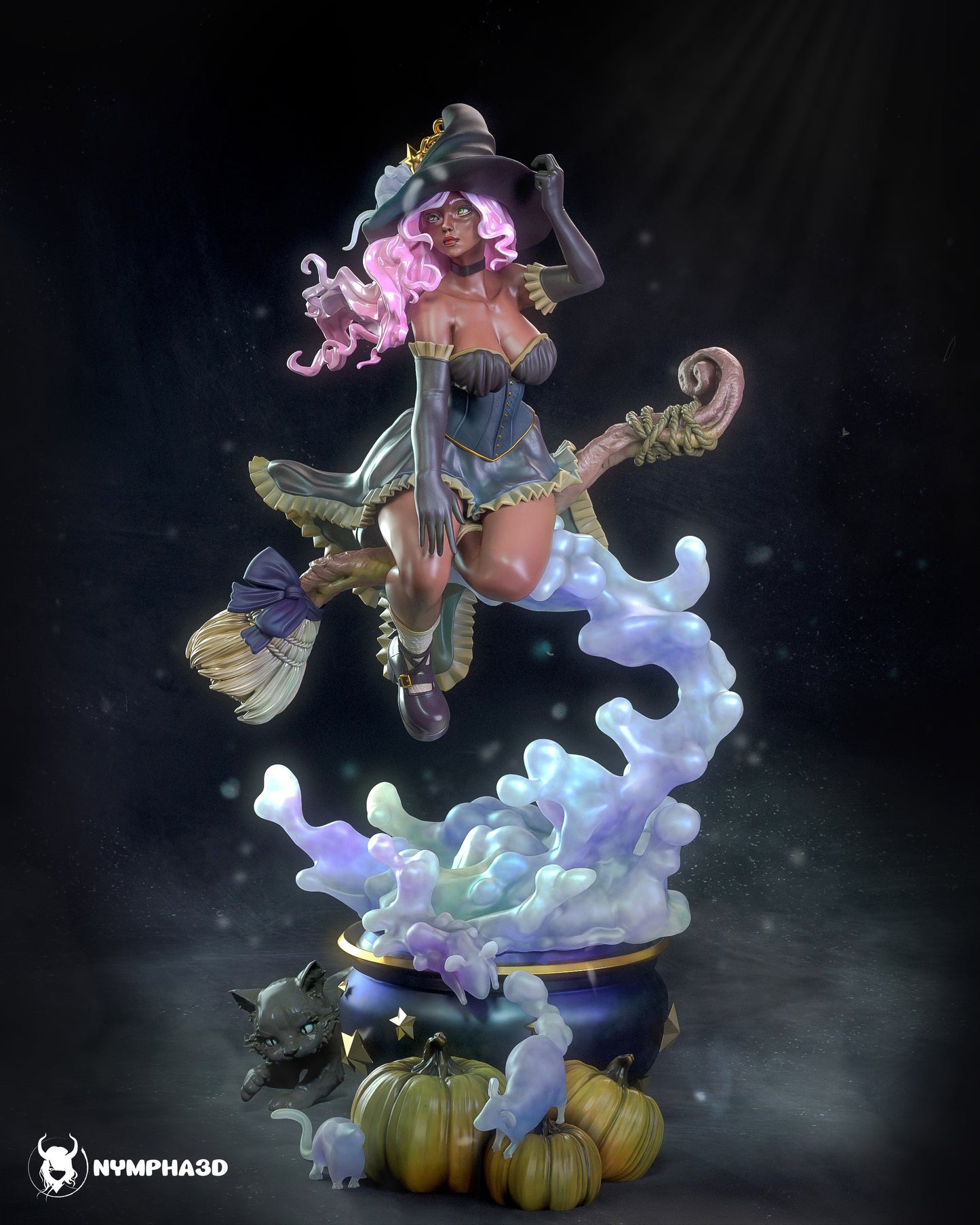 Witch collectible statue by Nympha3D featuring a pin-up sorceress riding a broom above a magical cauldron with pumpkins and spectral smoke – 1:6 scale.