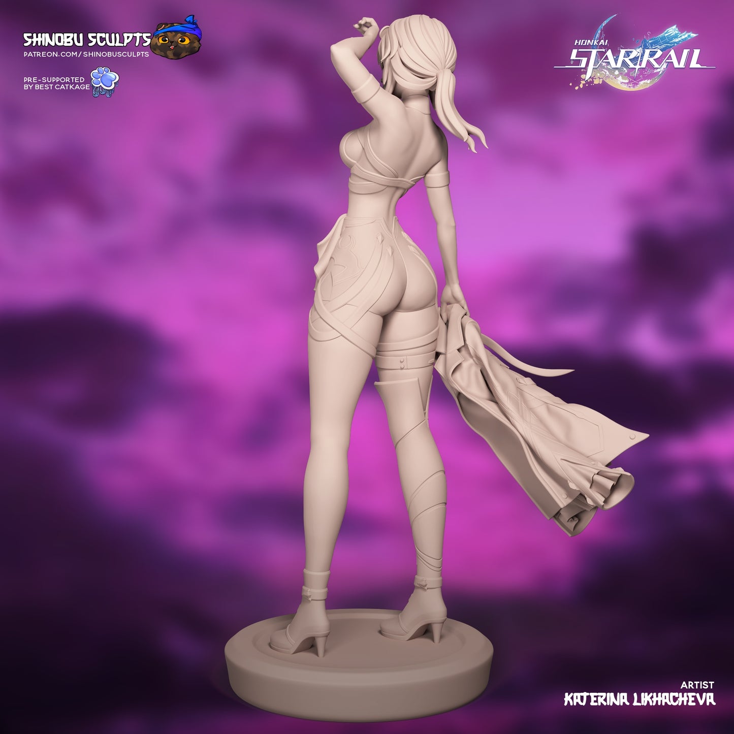 Kafka Honkai Star Rail collectible statue unpainted rear view showing long ponytail, bodysuit detailing, and jacket draped at her side.