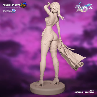 Kafka Honkai Star Rail collectible statue unpainted rear view showing long ponytail, bodysuit detailing, and jacket draped at her side.