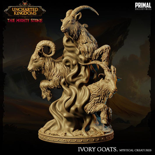 Ivory Goats, mystical creatures with three goat heads emerging from swirling magical energy, depicted in a fantasy TTRPG-themed figurine.