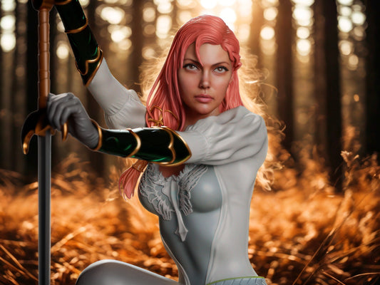 Kneeling female warrior with pink hair in a white outfit gripping a sword, with a decorative sun shield beside her on a rocky base.