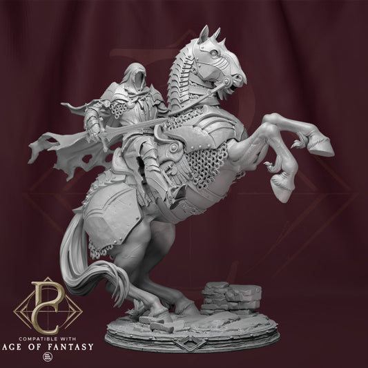 Sâvarkar & DarkHorse miniature showing a hooded armored warrior on a rearing armored horse, wielding a sword, suitable for fantasy tabletop RPGs like Age of Fantasy.