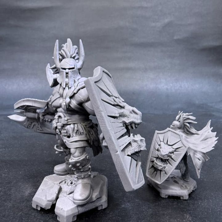 Assembled Hagall - Naga Set figurine along with components. Features intricate armor and shield details, ideal for painting and display in a tabletop RPG collection.