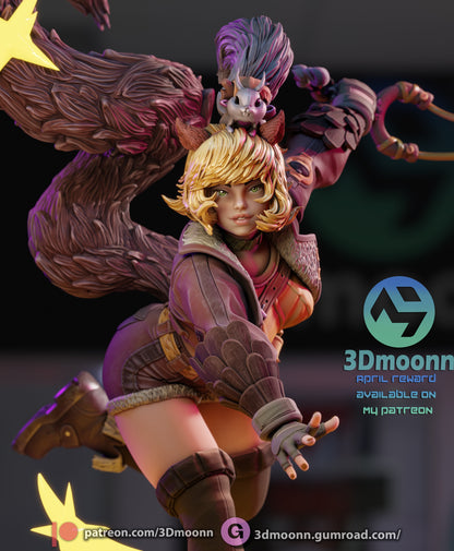 Close-up of Squirrel Girl mid-leap with her squirrel companion on her head, wearing a bomber jacket and posed with her large tail curled behind her.