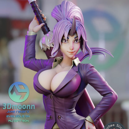 Shion figure in purple suit with exposed chest holding katana over shoulder – front view.