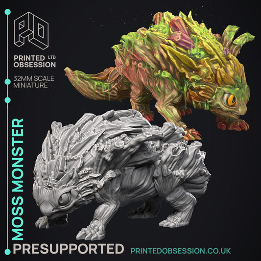 A 3D-printed Moss Monster miniature, featuring a reptilian creature with a body covered in moss, plants, and organic growths, ideal for use in tabletop RPGs like Dungeons & Dragons, Pathfinder, or Warhammer.