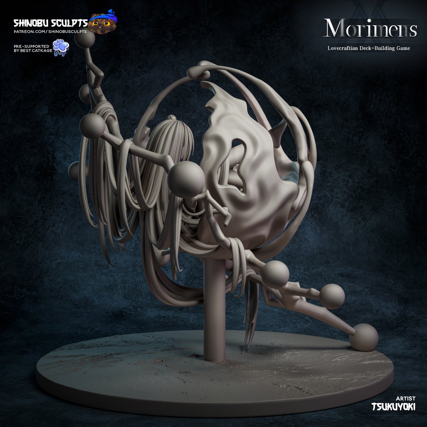 Rear view of Faint’s intricate sculpt, highlighting her long flowing hair and the layered tendril structure.