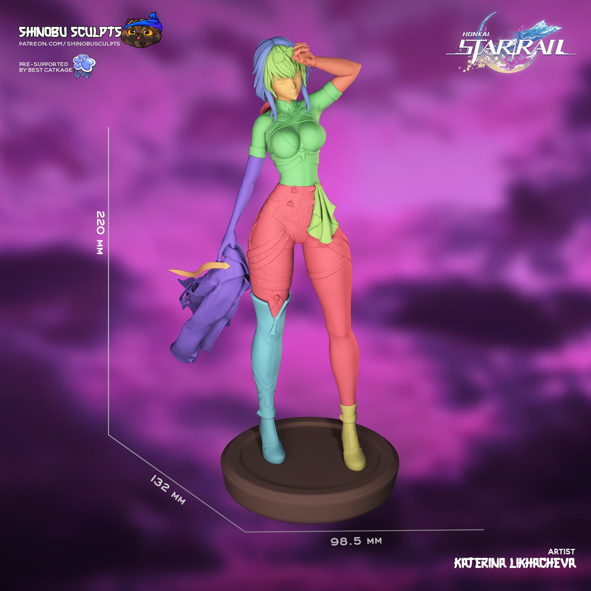 Kafka Honkai Star Rail 1:8 scale colored modular preview with size measurements, jacket in hand, and detailed clothing sculpt.