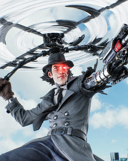 Close-up of Inspector Gadget figure's face with glowing red eye and detailed coat textures, against a blue sky background.