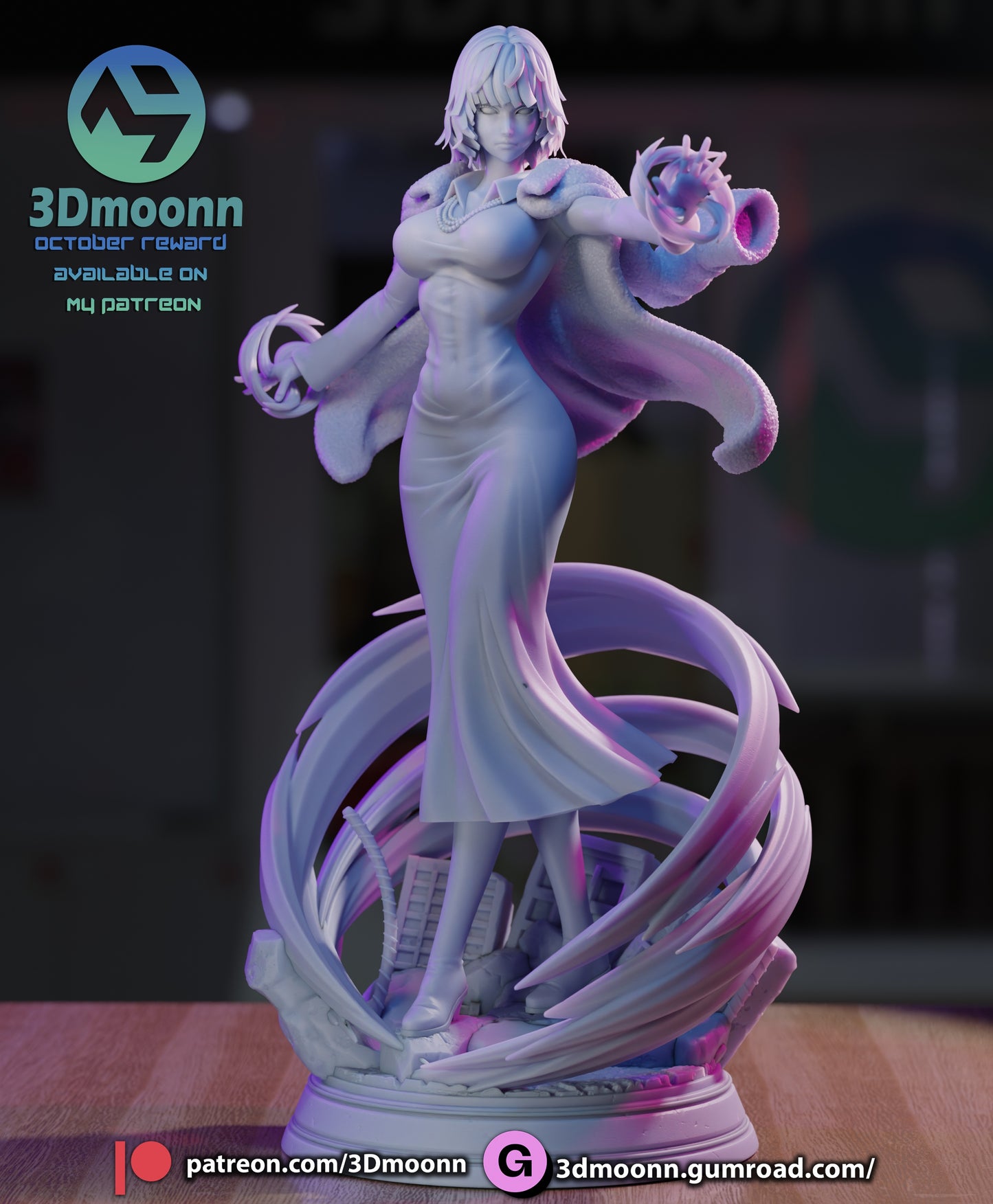 Unpainted Fubuki 1:6 scale figure in elegant dress and coat, posed with one arm extended and psychic energy sculpted around her.